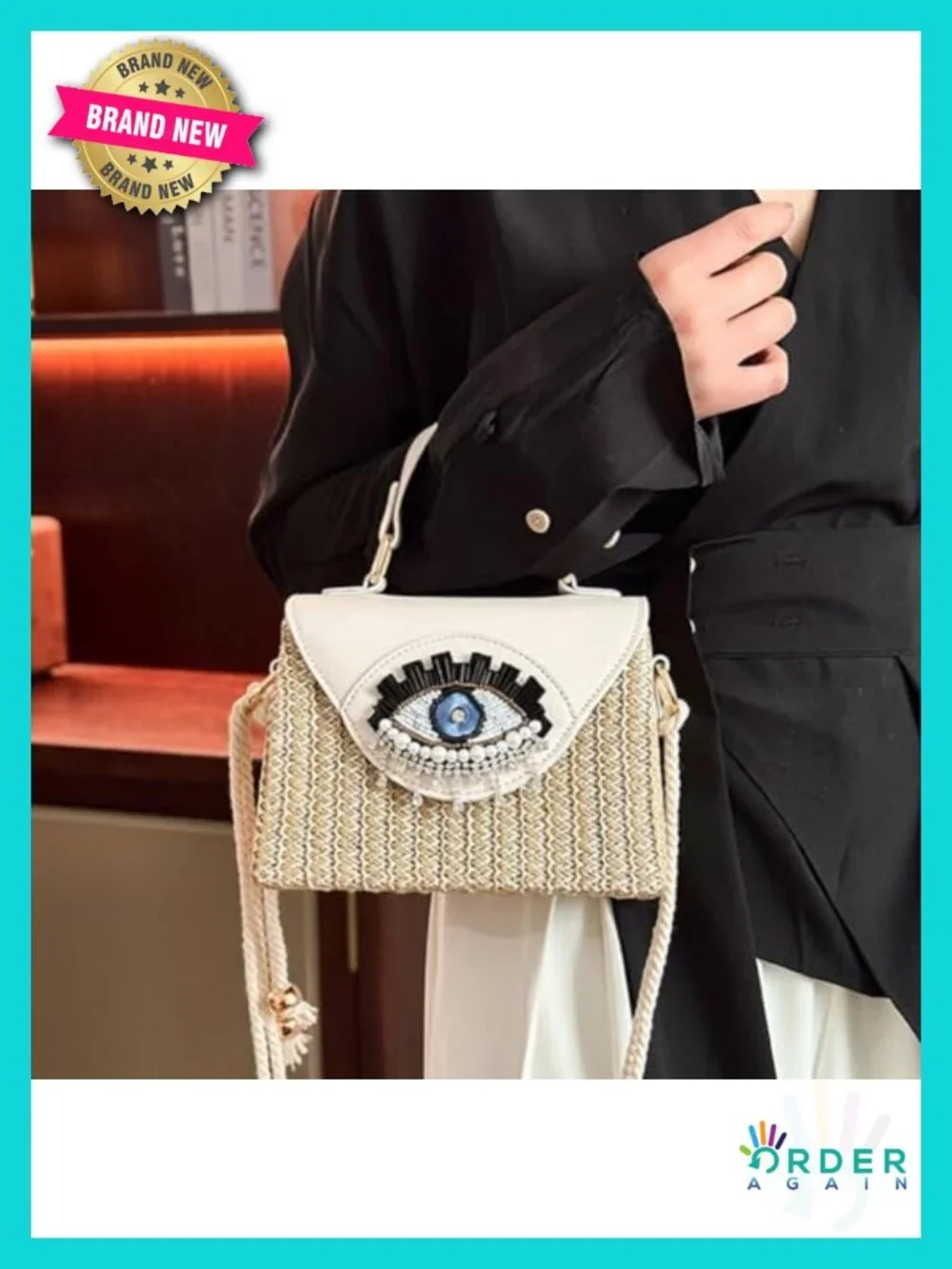 Handmade Boho Straw Crossbody Bag with Evil Eye Embellishment_3